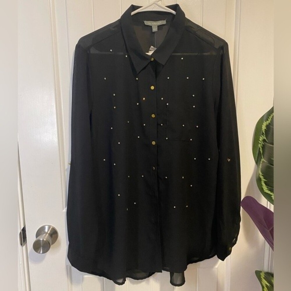 NY Collection sheer shirt with rhinestones, black, size L